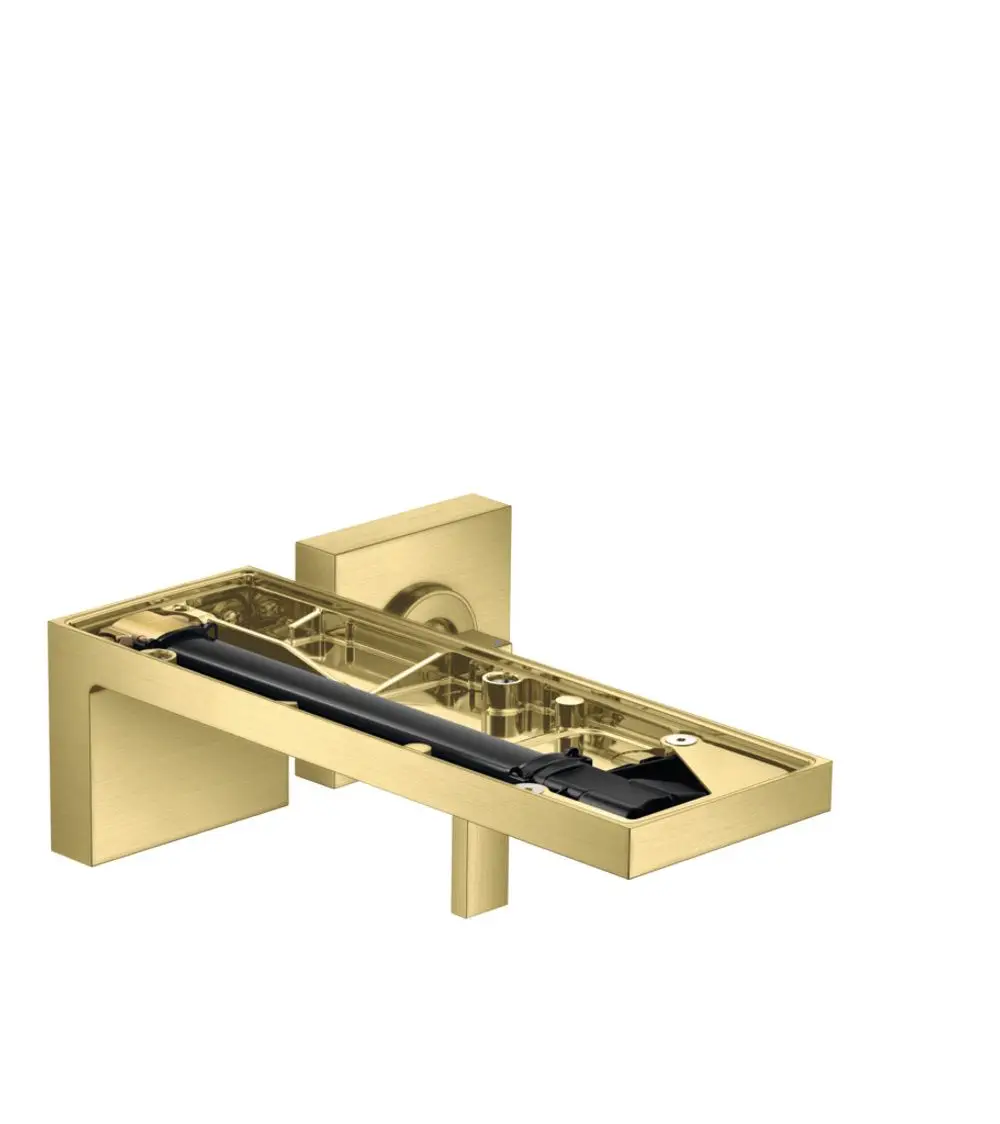 Wandmontierter Einhebel-Waschtischmischer von AXOR in Brushed Brass, mit durchgehendem Auslauf und minimalistischer Bauweise, für Unterputzinstallation.